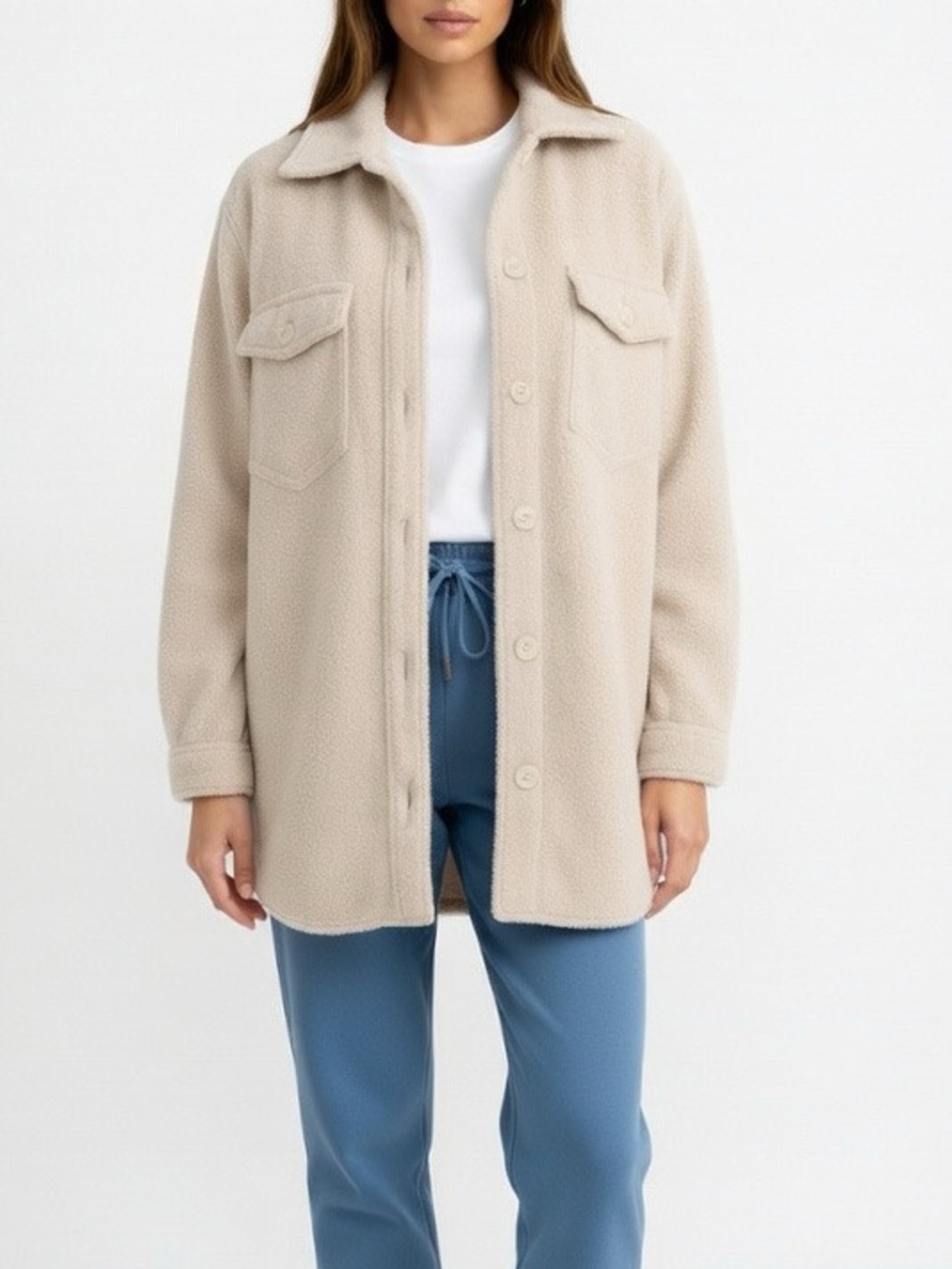 Joie Cream Fleece & Cozy Oversized Button-Front Shacket Shirt Jacket